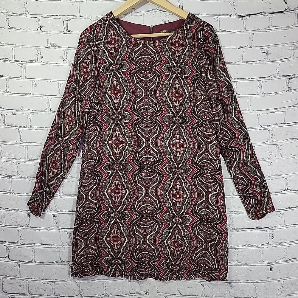 Prana Dress Brown Abstract Print Size XS Long Sleeve Lined Back Zip